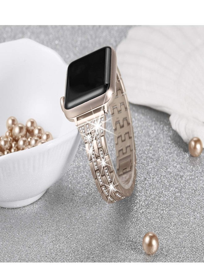 Secbolt Bling Bands Compatible with Apple Watch Band 42mm(Series 3) 44mm 45mm 46mm 49mm Women iWatch SE Series 11 10 9 8 7 6 5 4 3 2 1, Dressy Jewelry Metal Wristband Strap Diamond Rhinestone, Color Match Series 1&2 Gold Watch - Image 2