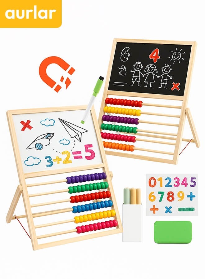 Aurlar Double-Sided Wooden Art Easel for Kids with Magnetic Whiteboard, Blackboard & Abacus – Educational Drawing Board Toy with Accessories - Image 1