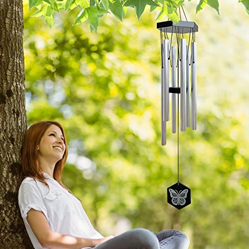 FONMY Wind Chimes Outdoor w/Butterfly Sign Memorial Windchimes Great Wind Chime Gifts Soothing Melodic Tones & Bamboo/Aluminum Chime for Garden Home or Yard-31 Length Silver Chimes Hanging Decor. - Image 5