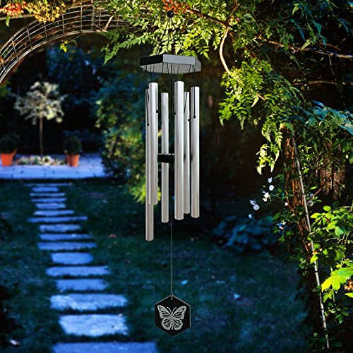 FONMY Wind Chimes Outdoor w/Butterfly Sign Memorial Windchimes Great Wind Chime Gifts Soothing Melodic Tones & Bamboo/Aluminum Chime for Garden Home or Yard-31 Length Silver Chimes Hanging Decor. - Image 1