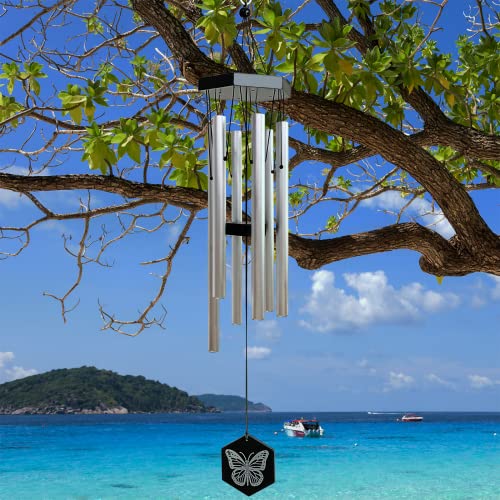 FONMY Wind Chimes Outdoor w/Butterfly Sign Memorial Windchimes Great Wind Chime Gifts Soothing Melodic Tones & Bamboo/Aluminum Chime for Garden Home or Yard-31 Length Silver Chimes Hanging Decor. - Image 4