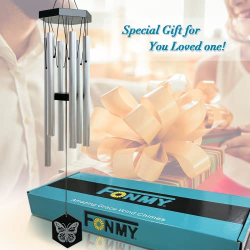 FONMY Wind Chimes Outdoor w/Butterfly Sign Memorial Windchimes Great Wind Chime Gifts Soothing Melodic Tones & Bamboo/Aluminum Chime for Garden Home or Yard-31 Length Silver Chimes Hanging Decor. - Image 2