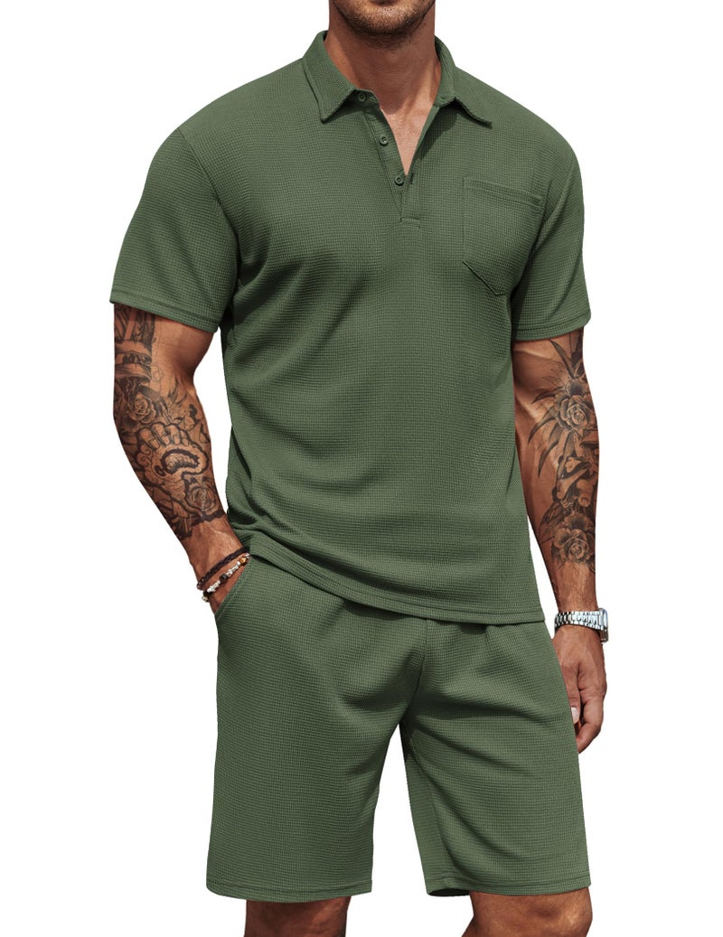 COOFANDY Men's Waffle Knit Polo Shirt and Shorts Set 2 Pieces Outfits Summer Suit Casual Tracksuit with Pockets - Image 1