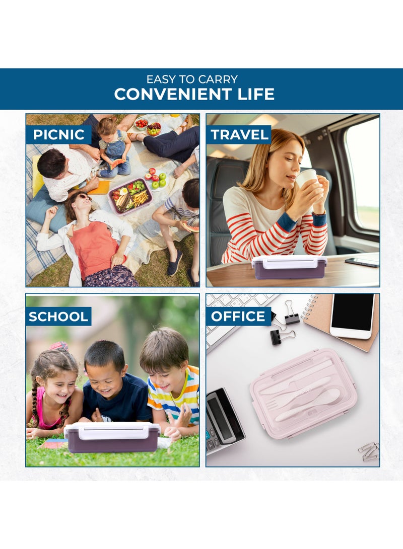 MIZAJIC Bento Lunch Box for Kids and Adults Leakproof 3-Compartment Food Container 1100ml Ideal Portion Size with Reusable Spoon and Fork Microwave, Dishwasher and Freezer Safe - Image 3