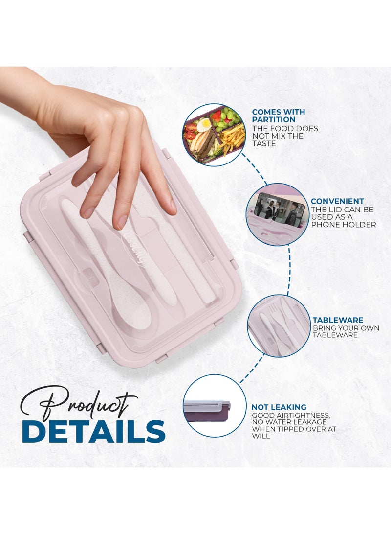 MIZAJIC Bento Lunch Box for Kids and Adults Leakproof 3-Compartment Food Container 1100ml Ideal Portion Size with Reusable Spoon and Fork Microwave, Dishwasher and Freezer Safe - Image 5