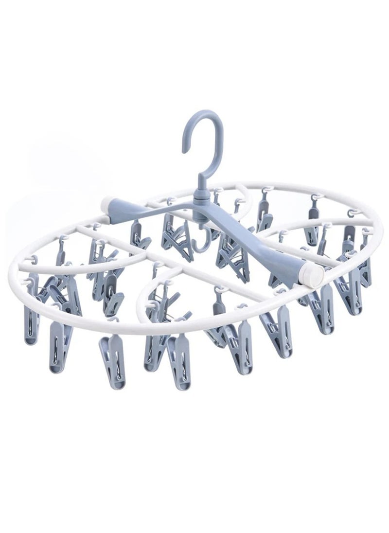 sokany - Foldable Clip Hangers, Hanger with 32 Drying Clips, Plastic Laundry Clip, Round Clothes Hanger Organizer, 360° Rotatable Drying Rack for Socks, Lingerie, Towels and Other Small Objects (Blue) - Image 1