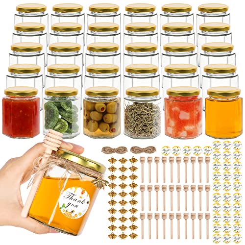 AuroTrends 6oz Glass Small Jars with Lids 30Pack Honey Jars in Bulk for Baby Shower FavorsWedding Favors Small Canning Jars with Wooden DippersBee CharmsStickersJute Twine 6floz30Pack