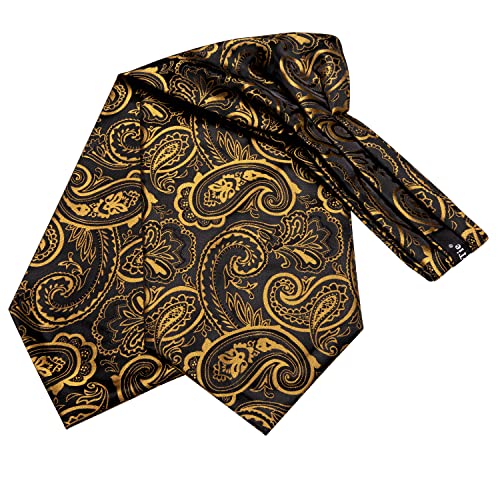 Dubulle Paisley Floral Ascot for Men Self Tie Mens Cravat and Pocket Square Cufflinks Wedding,Black Gold - Image 4