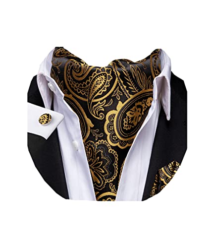 Dubulle Paisley Floral Ascot for Men Self Tie Mens Cravat and Pocket Square Cufflinks Wedding,Black Gold - Image 1
