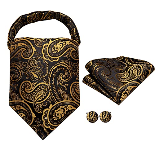Dubulle Paisley Floral Ascot for Men Self Tie Mens Cravat and Pocket Square Cufflinks Wedding,Black Gold - Image 3