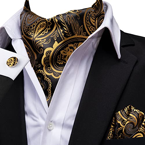 Dubulle Paisley Floral Ascot for Men Self Tie Mens Cravat and Pocket Square Cufflinks Wedding,Black Gold - Image 2