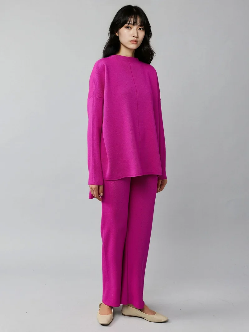 MY FASHION Magenta Pink MY FASHION Ribbed Knit Co-Ord Set with Basic Sweater & Pants for Women | Best Price UAE