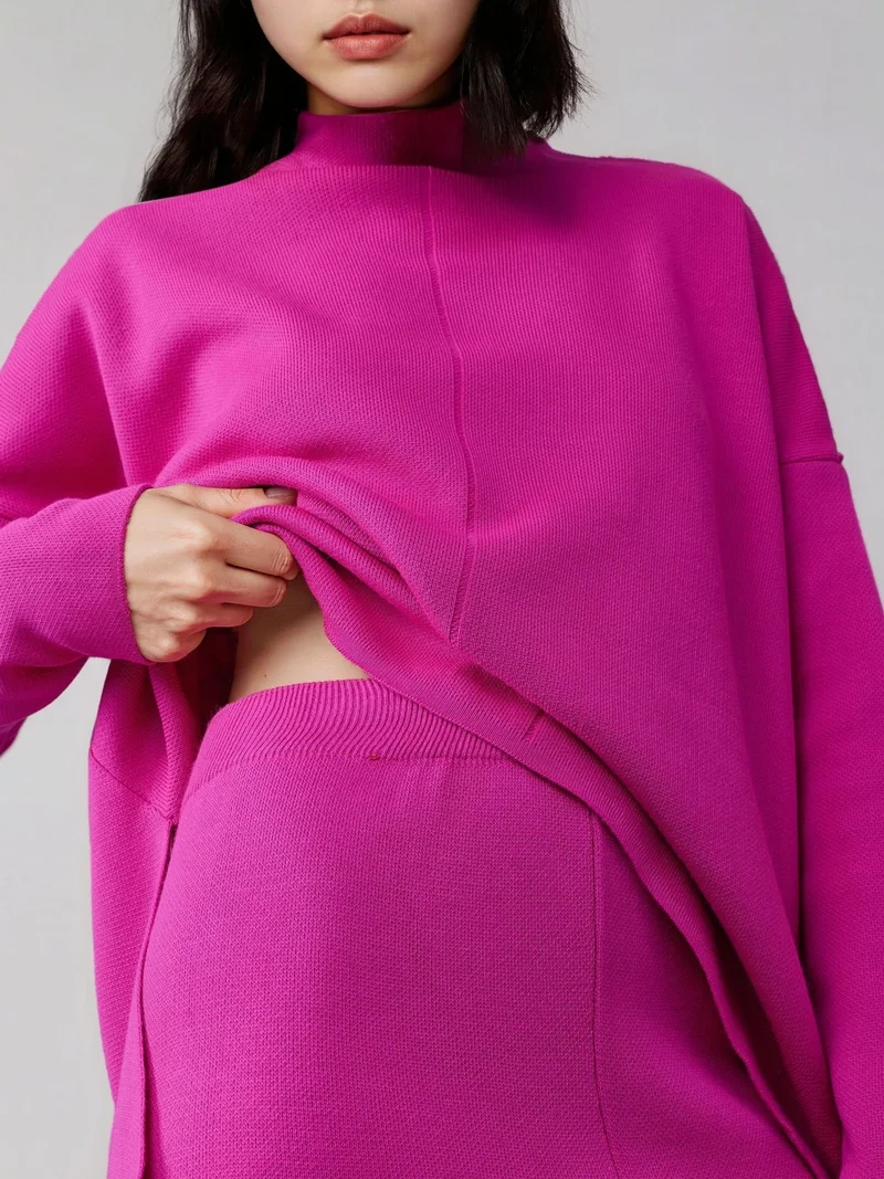 MY FASHION Magenta Pink MY FASHION Ribbed Knit Co-Ord Set with Basic Sweater & Pants for Women | Best Price UAE