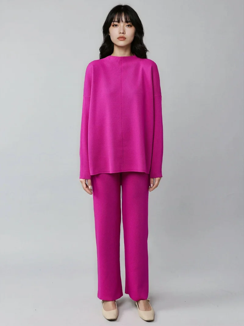 MY FASHION Magenta Pink MY FASHION Ribbed Knit Co-Ord Set with Basic Sweater & Pants for Women | Best Price UAE