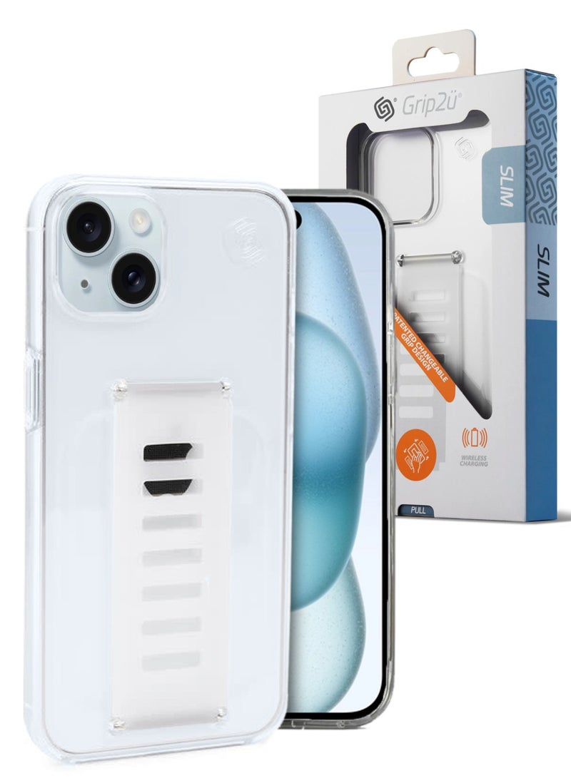 Grip2u Grip2u Boost Slim Grip Band Protective Back Cover Case for Apple iPhone 15 with Drop Protection Clean Action Technology and Wireless Charging Compatibility - Clear  - Image 1