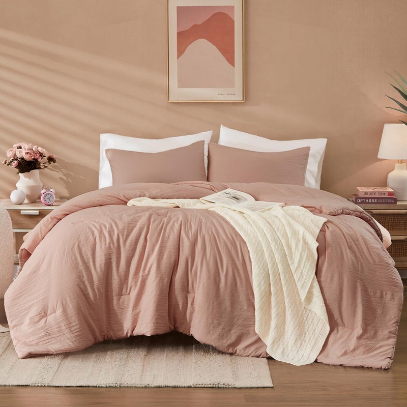 WRENSONGE Queen Comforter Set - 3 Pieces Dusty Pink Comforter Prewashed Soft Lightweight for All Seasons,Fluffy Down Alternative Comforters Queen Size with 2 Pillow Shams - Image 1