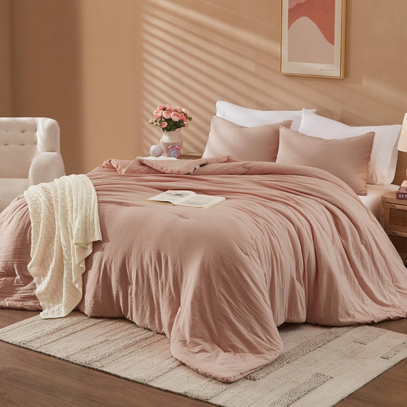 WRENSONGE Queen Comforter Set - 3 Pieces Dusty Pink Comforter Prewashed Soft Lightweight for All Seasons,Fluffy Down Alternative Comforters Queen Size with 2 Pillow Shams - Image 2