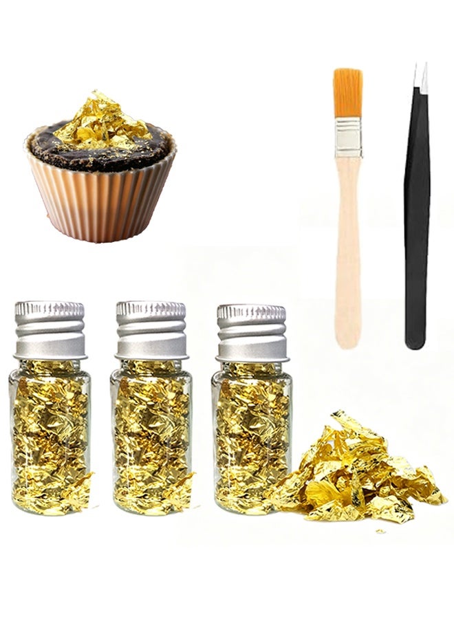 3 PCS Gold Leaf Cake Toppers, with Brush and Forceps, Foil DIY Craft Gold Leaf Flakes for Food Decoration, Painting, Crafts - Image 1