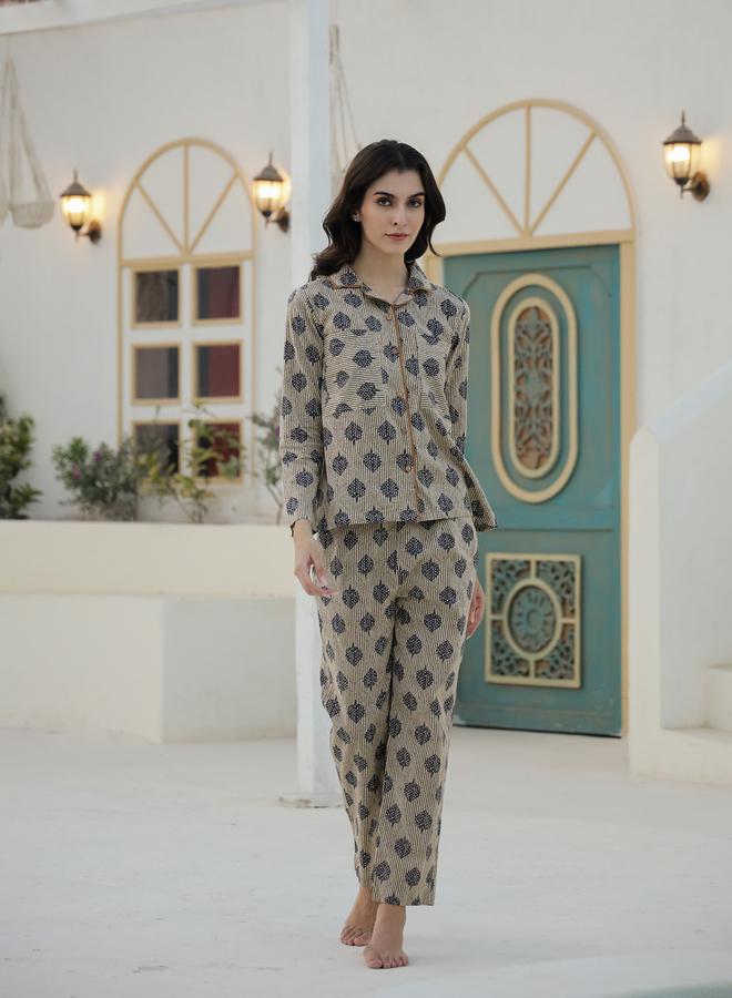Sanskrutihomes Printed Buttoned Long Sleeve Shirt and Pyjama Set - Image 1