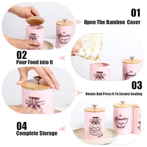 Ubamdom 3 Pcs Pink Kitchen Canisters Set, 6.1" x 3.74" Matte Condiment Pot Metal Tin Jar Container, Food Storage Containers with Bamboo Airtight Lid to Store Dry Food Spices Coffee Tea Sugar Storage - Image 3
