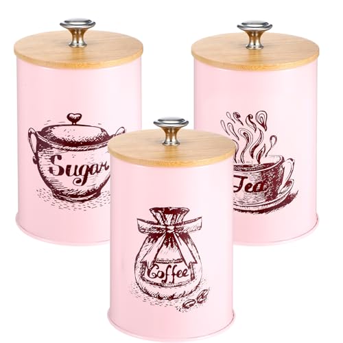 Ubamdom 3 Pcs Pink Kitchen Canisters Set, 6.1" x 3.74" Matte Condiment Pot Metal Tin Jar Container, Food Storage Containers with Bamboo Airtight Lid to Store Dry Food Spices Coffee Tea Sugar Storage - Image 1