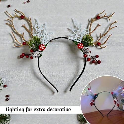 TLISMI LED Light-Up Christmas Reindeer Antler Hairband for Women & Girls | Festive Deer Antlers Headband with Colorful Twinkling Lights, Berries & Faux Pine Décor for Gift, Cosplay, Christmas Party - Image 4