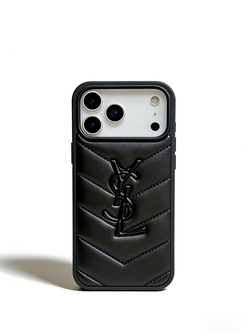Saint Laurent Quilted Leather Logo iPhone 16/17 Pro Max Case - Black - Image 2