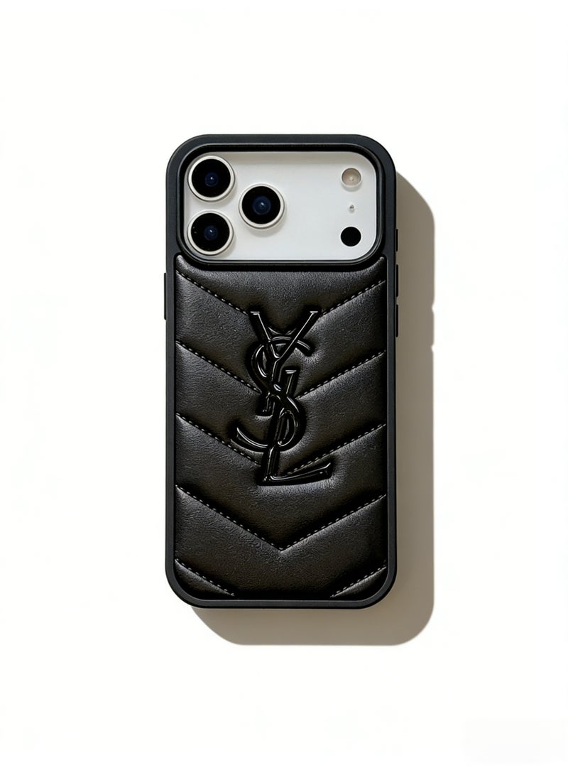 Saint Laurent Quilted Leather Logo iPhone 16/17 Pro Max Case - Black - Image 1