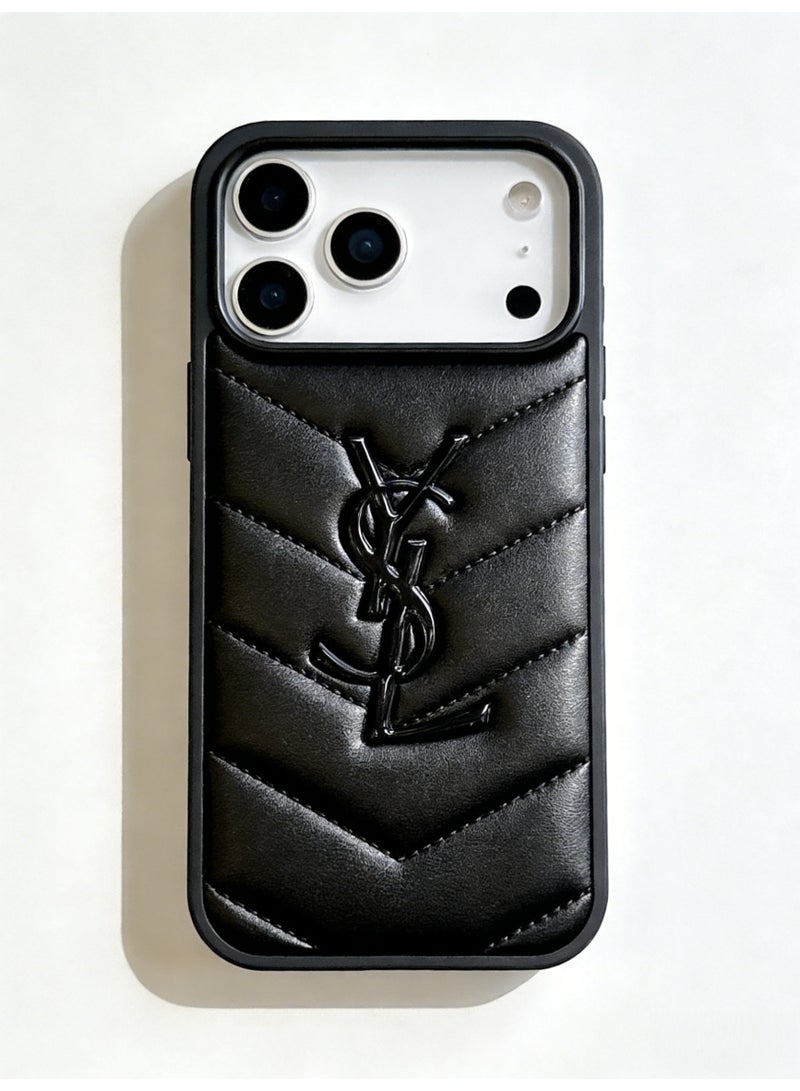 Saint Laurent Quilted Leather Logo iPhone 16/17 Pro Max Case - Black - Image 4