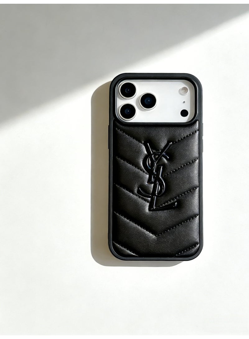 Saint Laurent Quilted Leather Logo iPhone 16/17 Pro Max Case - Black - Image 5