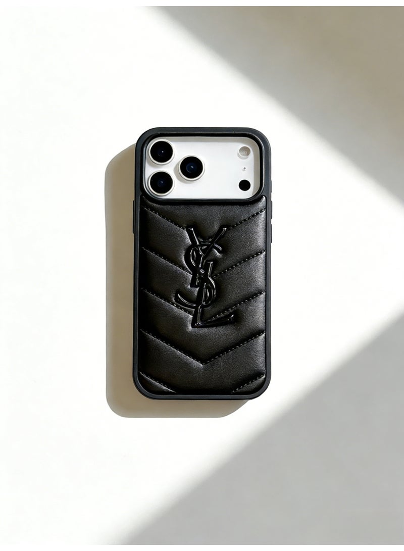 Saint Laurent Quilted Leather Logo iPhone 16/17 Pro Max Case - Black - Image 3