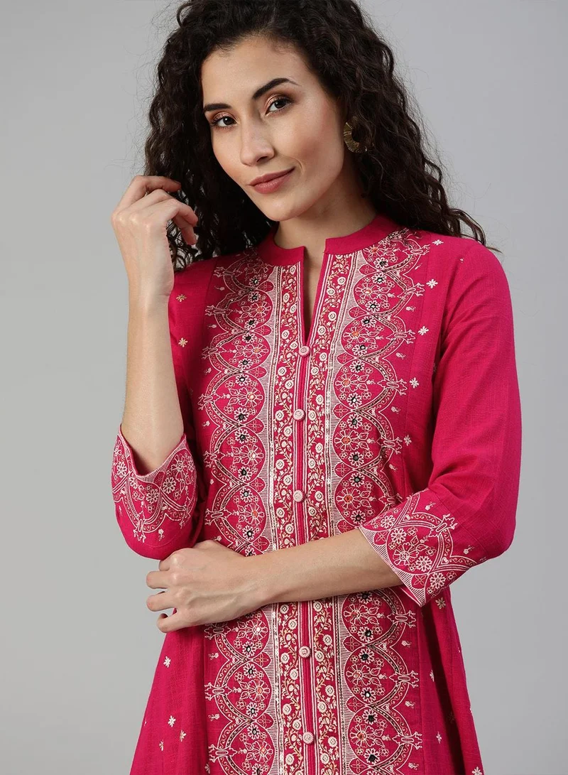 آي شين Women's Pink Rayon Printed Tunic Straight Fit Kurta