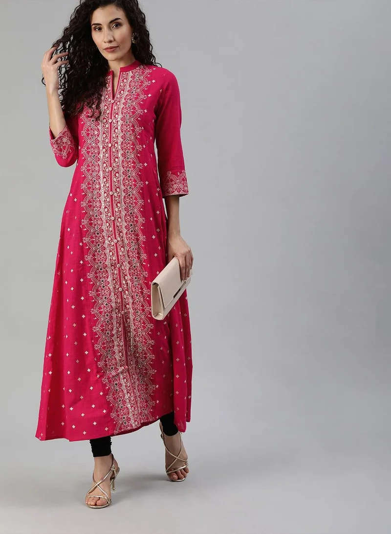 آي شين Women's Pink Rayon Printed Tunic Straight Fit Kurta
