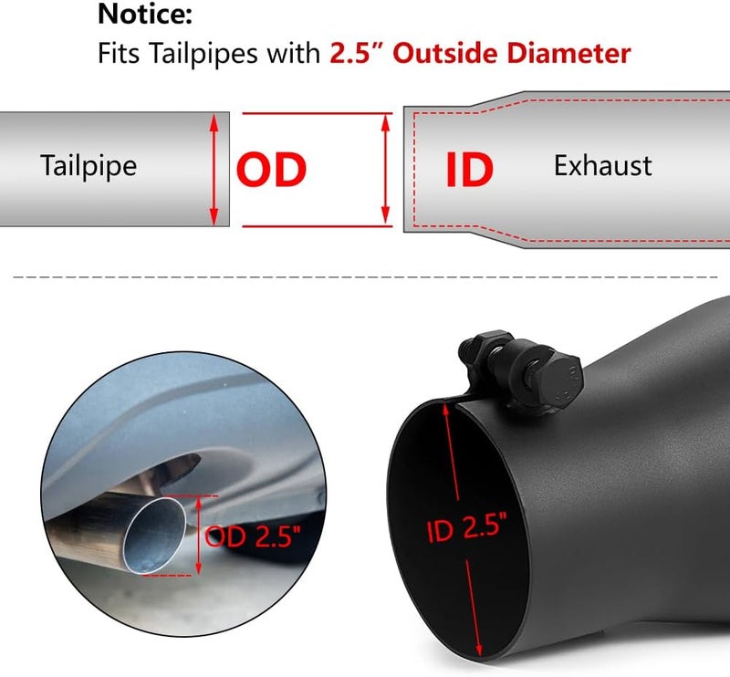 A-KARCK Exhaust Tip 2.5 Inch Inlet, 2.5" Inlet 3.5" Outlet 9" Long Black Coated Finish Muffler Tip For Truck Tailpipe, Stainless Steel Rolled Edge - Image 3