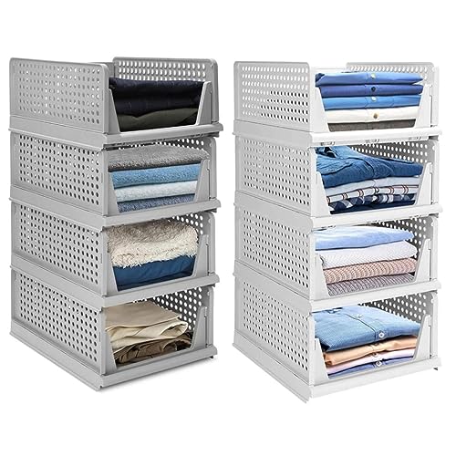 JEYANG Folding Wardrobe Organizer Plastic Stackable Clothe Closet Self Storage Container, Rectangular Cupboard for Kitchen, Home and Bathroom (Combo 4 Grey 4 White) Large - Image 1