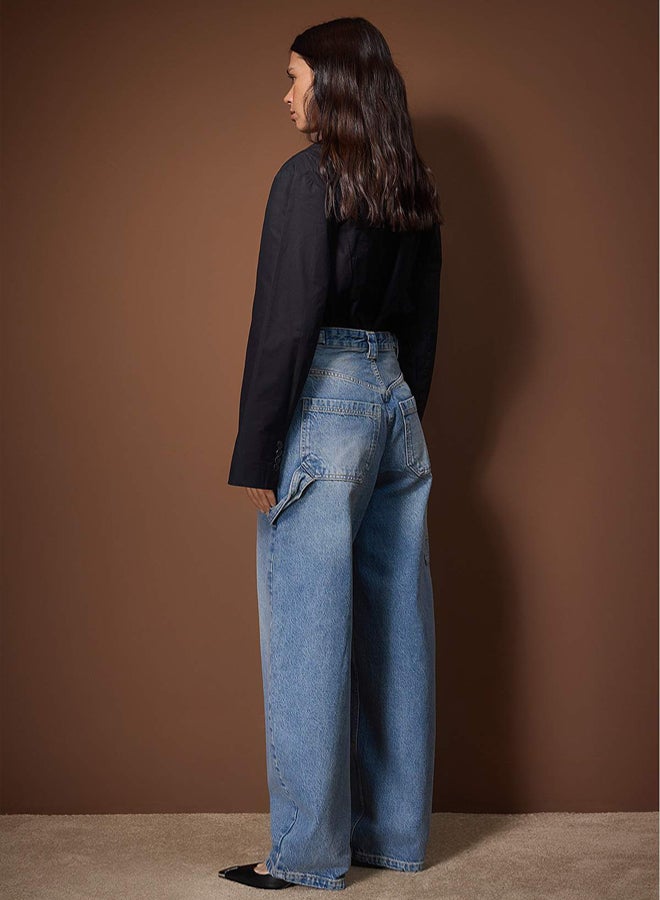 trendyol Blue Accessory Detailed Carpenter High Waist Baggy Jeans - Image 4
