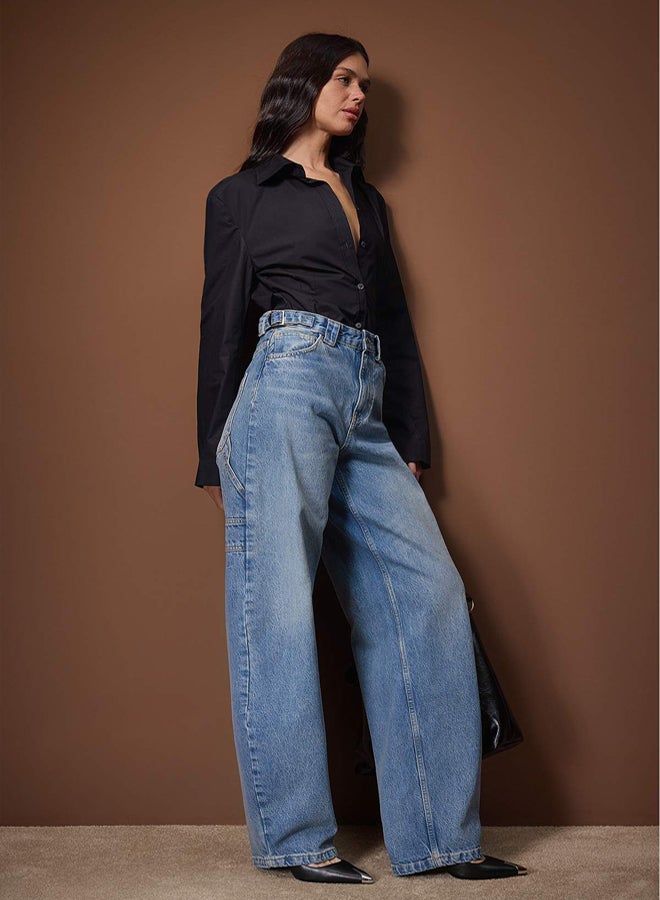 trendyol Blue Accessory Detailed Carpenter High Waist Baggy Jeans - Image 2