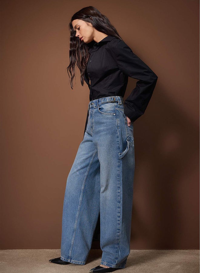 trendyol Blue Accessory Detailed Carpenter High Waist Baggy Jeans - Image 1
