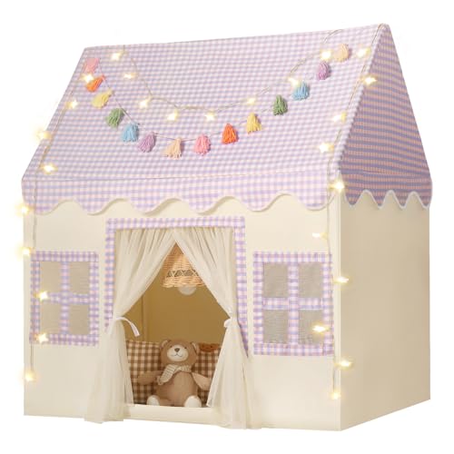 Senodeer Kids Play Tent Indoor Mat Tassel Garland Star Lights Purple Checkered Girls Tent Playhouse Kids Toys for Boy Girl Birthday Gift - Image 1