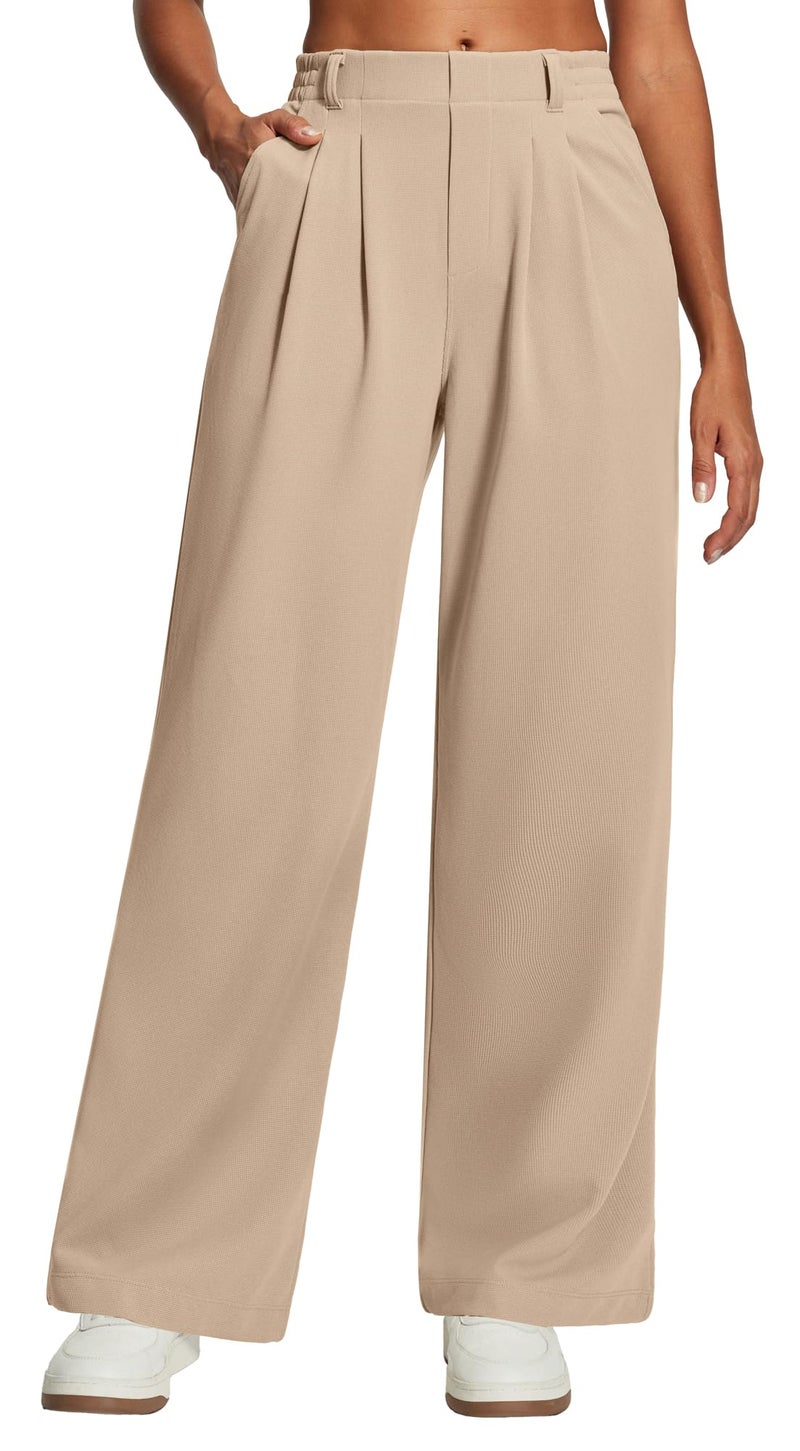 Heathyoga Wide Leg Stretchy Work Pants Women Pull on Dress Pants High Waisted Business Casual Trousers Slacks for Women Khaki - Image 1