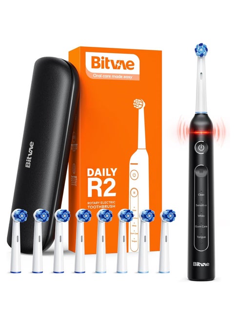 فرشاة أسنان كهربائية دوارة Bitvae R2 للبالغين مع 8 رؤوس فرشاة، حقيبة سفر، فرشاة أسنان كهربائية قابلة لإعادة الشحن بـ 5 أوضاع مع مستشعر الضغط، شحن سريع لمدة 3 ساعات لمدة 30 يومًا، أسود