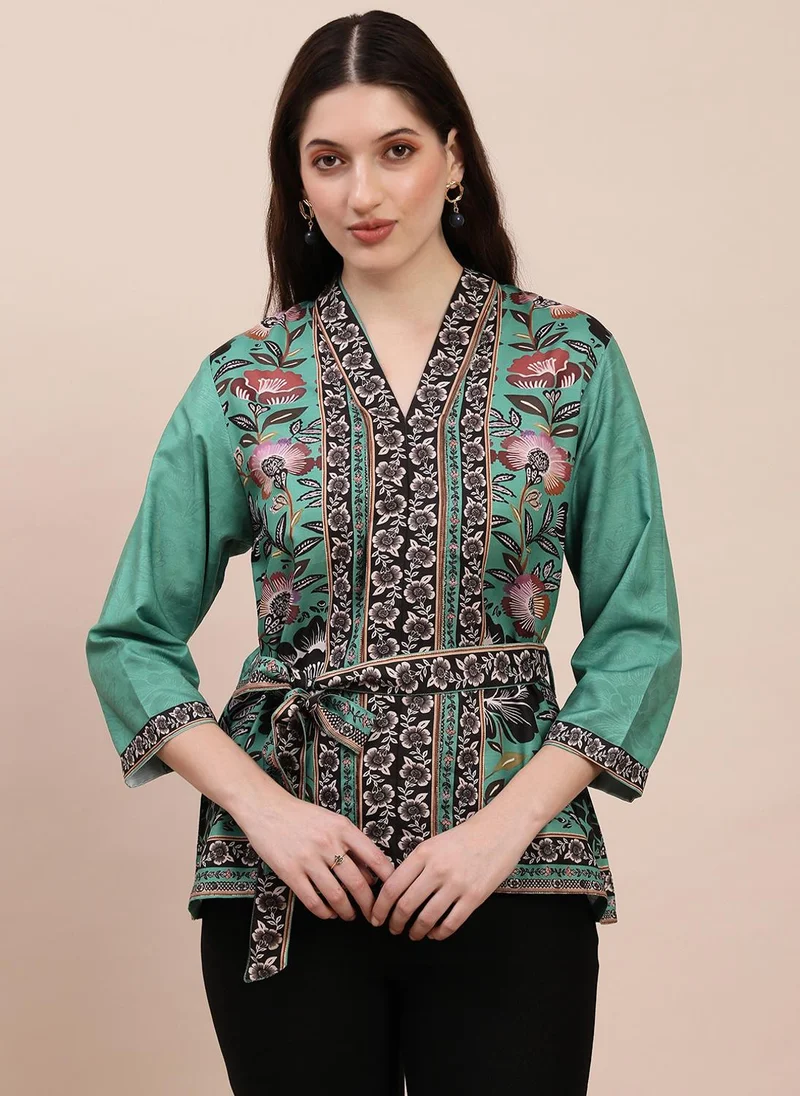 جلو باص Globus Women Teal V-Neck Floral Print Top With Belt