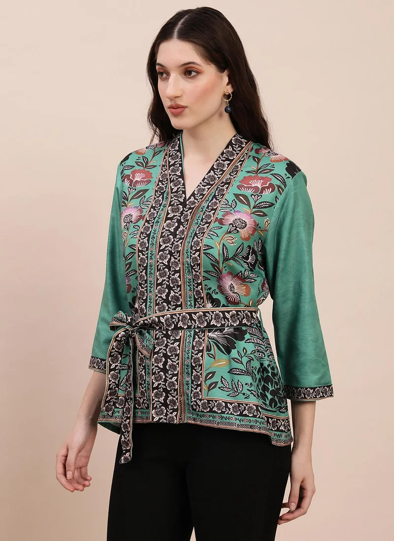 جلو باص Globus Women Teal V-Neck Floral Print Top With Belt