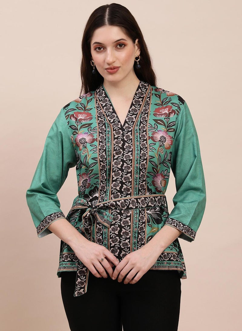 Globus Women's Green Floral Print Casual Top with V Neck and Belted Waist - Image 3