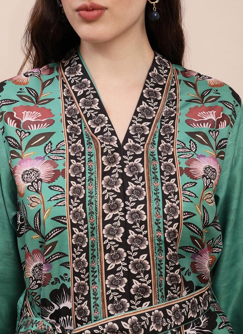 Globus Women's Green Floral Print Casual Top with V Neck and Belted Waist - Image 5