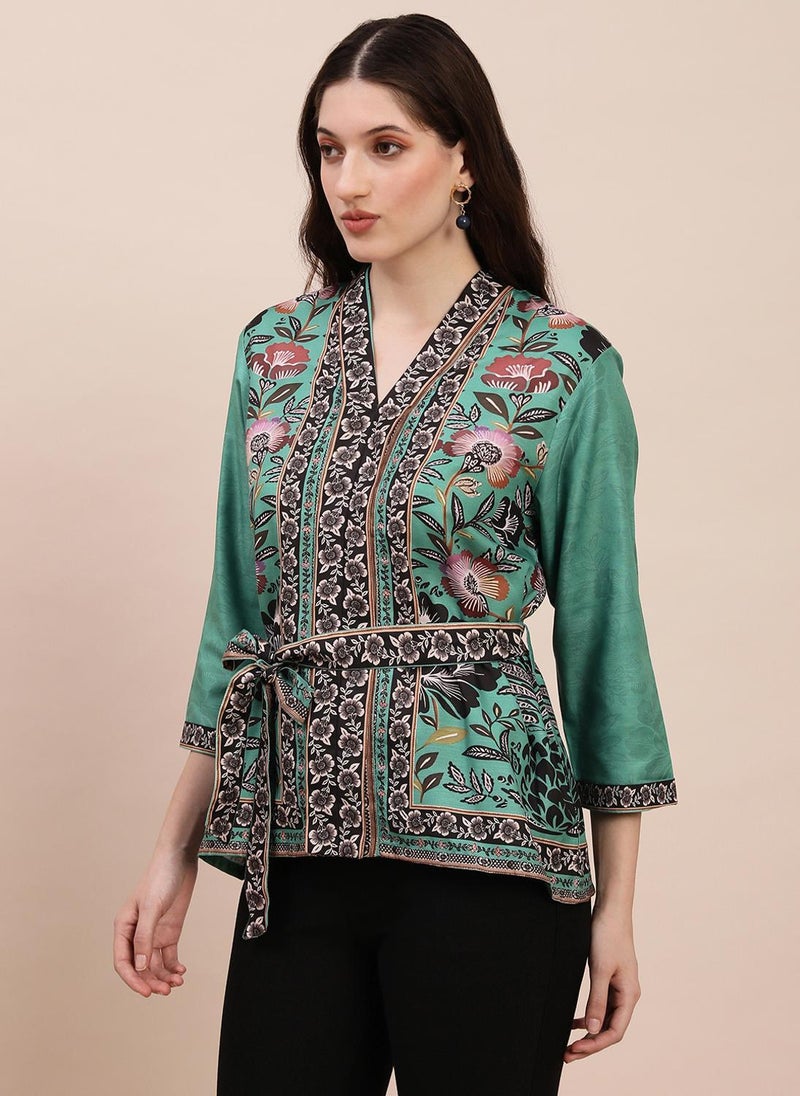 Globus Women's Green Floral Print Casual Top with V Neck and Belted Waist - Image 1