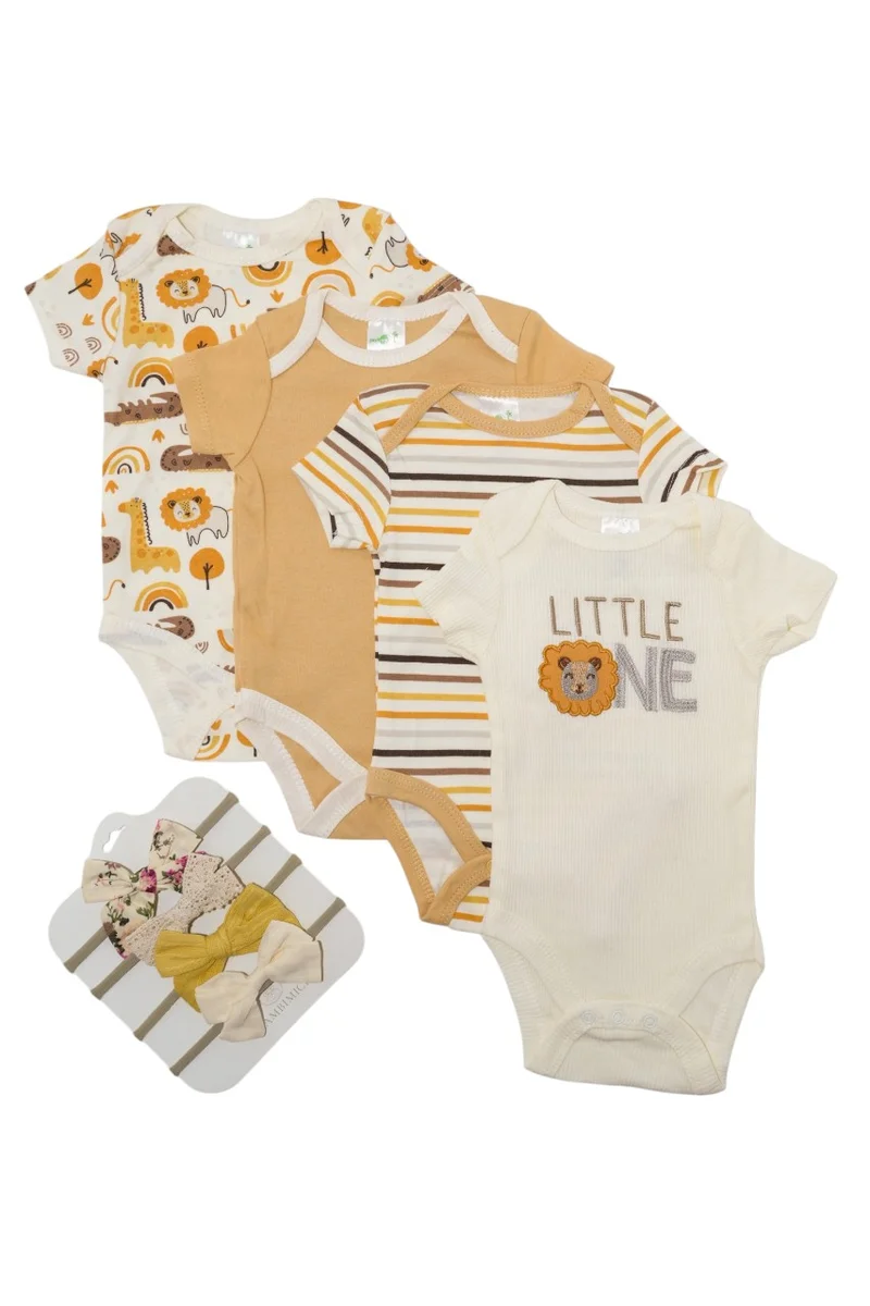 Bambimici Bambimici Lion Print Babysuit 4-Piece Set with Headbands- Yellow