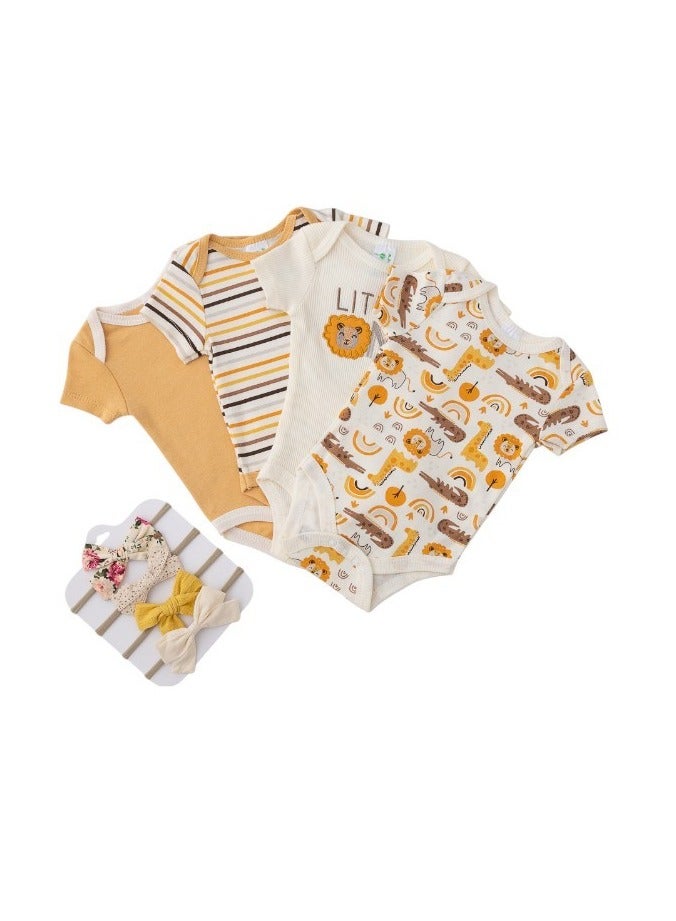 Bambimici Bambimici Lion Print Babysuit 4-Piece Set with Headbands- Yellow  - Image 1