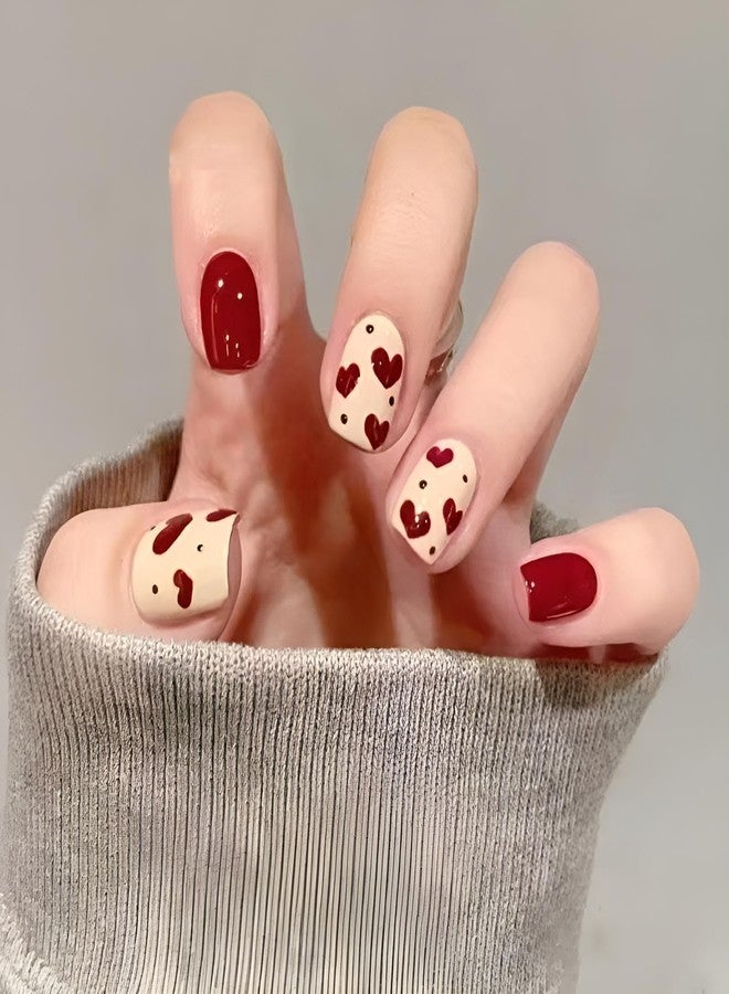 winthrop Valentine's Day Press on Nails Short Square Red Fake Nails Love Acrylic Full Cover False Nails Set, Natural Perfectly Reusable Stick on Nails Suitable for Women Girls - Image 1