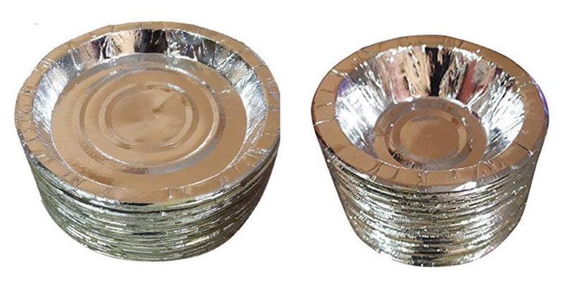Ukal Disposable Paper Pattal Bowl Dona Plate ( Silver , Plate Size: 7 Inch , Bowl Size: 4.5 Inch , 50 Pcs Paper Plate , 50 Pcs Dona Bowl ) - Pack of 100 - Image 1